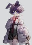  1boy alternate_costume animal_ears artist_name bespectacled black_shorts box chain choker closed_mouth collared_shirt cross eyewear_strap genshin_impact glasses grey_background heart heart-shaped_box highres holding holding_box jacket kemonomimi_mode lanaiwanqi512 long_sleeves looking_at_viewer male_focus necktie open_clothes open_jacket otoko_no_ko purple_hair rabbit_boy rabbit_ears red_choker red_necktie scaramouche_(genshin_impact) shirt short_hair shorts simple_background sleeves_past_wrists solo suspenders violet_eyes white_jacket white_shirt 