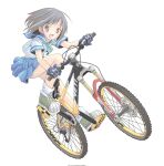  1girl bare_legs bicycle blue_sailor_collar blue_serafuku brown_hair check_commentary commentary commentary_request gloves ground_vehicle highres mountain_bicycle neckerchief open_mouth pleated_skirt pop_(electromagneticwave) riding riding_bicycle sailor_collar school_uniform serafuku shoes short_hair short_sleeves skirt smile socks solo tire violet_eyes white_background white_socks 