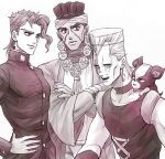  3boys boston_terrier crossed_arms crying dog earrings flattop gakuran hage_tashuumi hat iggy_(jojo) jean_pierre_polnareff jewelry jojo_no_kimyou_na_bouken kakyoin_noriaki male_focus mohammed_avdol monochrome multiple_boys necklace school_uniform stardust_crusaders tears vento_aureo 