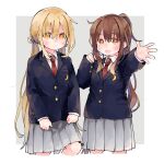  2girls amot_211 blonde_hair brown_eyes brown_hair crescent crescent_pin highres jacket kantai_collection long_hair long_sleeves looking_at_viewer low_twintails multiple_girls necktie ponytail satsuki_(kancolle) school_uniform skirt standing twintails yellow_eyes 