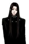  1boy alternate_costume black_eyes black_hair commentary_request highres hunter_x_hunter illumi_zoldyck long_hair male_focus simple_background skywaltz05 solo white_background 