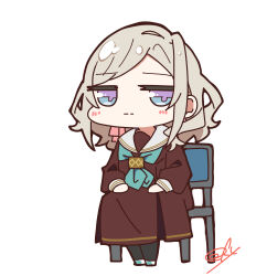  1girl :| absurdres aqua_neckerchief aqua_shoes black_pantyhose blue_eyes brown_dress ceras_yanagida_lilienfeld chair chibi chibi_only closed_mouth dress full_body grey_hair hair_ribbon hands_on_lap hasu_no_sora_school_uniform highres jitome link!_like!_love_live! long_sleeves looking_at_viewer love_live! medium_dress neckerchief on_chair oofushi_ao pantyhose parted_bangs pink_ribbon pleated_dress ribbon sailor_collar sailor_dress school_uniform shoes signature sitting solo speech_bubble split_mouth violet_eyes virtual_youtuber wavy_hair white_sailor_collar winter_uniform 