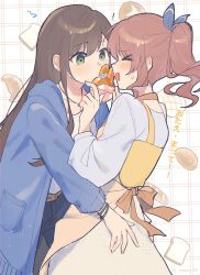 &gt;_&lt; 2girls apron bang_dream! belt blue_jacket blush bread brown_hair collar feet_out_of_frame food green_hair hanazono_tae highres holding holding_food jacket jewelry long_hair looking_at_another multiple_girls open_mouth pants shirt standing sweat umaa42 white_apron white_shirt yamabuki_saya 