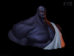  1boy absurdres artist_name artstation_logo artstation_username bald black_background black_skin colored_skin commentary dark_skin english_commentary glowing glowing_eyes highres instagram_logo instagram_username large_pectorals muscular muscular_male patreon_logo patreon_username pectorals potoq primarch red_eyes robe roman_numeral salamanders_(warhammer) simple_background smile solo vulkan warhammer_40k white_robe 