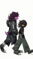  1girl 1other alternate_costume an-coinin colored_sclera deltarune full_body hands_in_pockets highres kris_(deltarune) medium_hair messy_hair reptile_girl simple_background susie_(deltarune) utdr_(toby_fox) walking white_background yellow_sclera 