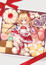  1girl apron blonde_hair bow checkerboard_cookie claw_hair_clip closed_mouth commentary_request cookie crystal dress flandre_scarlet food full_body hair_ornament hair_ribbon hairclip heart heart-shaped_cookie heart-shaped_food highres interlocked_fingers kneehighs long_hair looking_at_viewer lying mary_janes meringue mimi_(mimi_puru) on_back own_hands_together puffy_short_sleeves puffy_sleeves red_bow red_dress red_eyes red_ribbon red_shoes ribbon shoes short_sleeves socks solo thumbprint_cookie touhou white_apron white_socks wings wrist_cuffs 