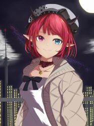  1girl absurdres beret black_bow black_choker blue_eyes bob_cut bow breasts brown_cardigan building cardigan choker closed_mouth commentary dress earrings english_commentary full_moon gold_necklace guyrys hat heterochromia highres hololive hololive_english hood hooded_cardigan horns irys_(casualrys)_(hololive) irys_(hololive) jewelry lace-trimmed_choker lace_trim long_sleeves looking_at_viewer medium_breasts moon necklace night night_sky official_alternate_costume official_alternate_hair_length official_alternate_hairstyle open_cardigan open_clothes pointy_ears purple_hair radio_tower red_hair short_hair sky smile solo vendetta666 violet_eyes virtual_youtuber white_dress white_hat 
