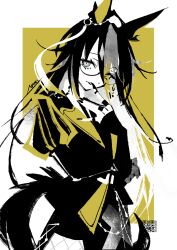  1girl absurdres ahoge animal_ears black_hair black_nails dream_journey_(reminder_of_dreamland)_(umamusume) dream_journey_(umamusume) ear_covers ear_ornament eyewear_strap glasses hair_between_eyes highres horse_ears horse_girl horse_tail lace lace_sleeves long_hair long_sleeves looking_at_viewer manodemarina monochrome partially_colored single_ear_cover single_hair_intake smile solo tail umamusume 