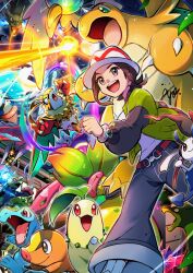  1girl :d alternate_color ayo_(ayosanri009) beedrill belt bracelet brown_belt brown_hair charizard chikorita commentary_request dragonite floette floette_(eternal) green_jacket greninja harmony_(pokemon) hat hawlucha highres jacket jewelry long_sleeves lucario mega_beedrill mega_charizard_x mega_dragonite mega_hawlucha mega_lucario mega_victreebel open_clothes open_jacket open_mouth pants pokemon pokemon_(creature) pokemon_legends:_z-a shiny_pokemon signature smile socks teeth tepig totodile upper_teeth_only victreebel white_hat 