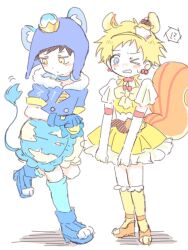  2boys animal_ears black_hair blue_eyes blue_gloves blue_hat bow cherry cherry_earrings choker closed_mouth cosplay craig_tucker crossdressing crown cure_custard cure_custard_(cosplay) cure_gelato cure_gelato_(cosplay) earrings elbow_gloves food food-themed_earrings food-themed_hair_ornament frills fruit fur_trim gloves gold_crown hair_ornament hat headband highres jewelry kemonomimi_mode kirakira_precure_a_la_mode layered_skirt lion_ears lion_tail magical_boy male_focus mintora multiple_boys nervous_sweating one_eye_closed paw_shoes pointed_crown precure pudding_hair_ornament puffy_sleeves short_hair skirt south_park squirrel_boy squirrel_ears squirrel_tail sweat tail tweek_tweak white_gloves yellow_eyes 