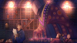  4boys black_hair blue_kimono brown_hair ceiling_light closed_mouth commentary_request creature highres holding indoors japanese_clothes kimono library long_sleeves looking_at_another looking_to_the_side multiple_boys on_ladder open_mouth orange_kimono original people red_kimono scenery short_hair sideways_mouth slice_of_life smile stairs user_tswx7328 very_short_hair walking wide_sleeves 