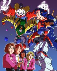  2boys 4girls adam&#039;s_apple afro_puffs armor artist_name balloon black_hair black_sclera blonde_hair blue_background blue_bodysuit blue_eyes blue_hair blue_necktie bodysuit bow bowtie brown_eyes brown_hair bunny_higgins cath_ronary chest_jewel chibodee_crocket clenched_hands clenched_teeth clown clown_makeup clown_nose collared_shirt colored_sclera covered_abs cropped_jacket dark-skinned_female dark_skin ear_piercing evil_smile facial_mark fighting_stance g_gundam glasses gloves gradient_background green_eyes green_necktie green_shirt gun gundam gundam_maxter hat headset highres holding holstered jacket janet_smith jester_gundam jinou_rakugaki jumping mecha mecha_pilot_suit medium_hair mini_hat mini_top_hat mobile_suit mobile_trace_suit multicolored_hair multiple_boys multiple_girls necktie no_pupils open_clothes open_hands open_jacket open_mouth outstretched_arms piercing pink_eyes pink_hair pink_jacket pink_lips polka_dot polka_dot_bow polka_dot_bowtie purple_background red_eyes red_hair red_jacket red_necktie revolver robot romario_monini scared shirley_lane shirt short_hair shoulder_armor sidelocks smile star_(symbol) teeth thick_lips top_hat two-tone_hair upper_teeth_only v-fin v-shaped_eyebrows violet_eyes weapon white_gloves white_shirt yellow_necktie 