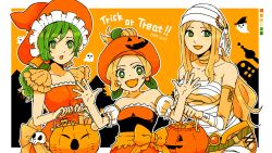  3girls bandaged_chest bandaged_head bandaged_neck bandages bare_shoulders blonde_hair border breasts candy celes_chere color_guide detached_sleeves dress final_fantasy final_fantasy_vi food ghost green_eyes green_hair halloween halloween_bucket halloween_costume hand_up hat hat_ornament highres leaf_hat_ornament long_hair medium_breasts multiple_girls mummy_costume open_mouth orange_background orange_dress orange_hat pacpac_hohho parted_bangs parted_lips ponytail pumpkin_costume relm_arrowny short_hair skull_ornament smile terra_branford trick_or_treat w_arms white_border witch_hat yellow_sleeves 