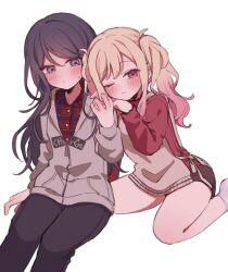  2girls black_hair blonde_hair blue_eyes blush closed_mouth commentary dot_nose gradient_hair grey_hoodie head_on_another&#039;s_shoulder highres hood hoodie hoshino_ichika_(project_sekai) long_hair looking_at_viewer mu_ri003 multicolored_hair multiple_girls one_eye_closed pink_eyes pink_hair project_sekai sailor_collar shorts simple_background socks sweatdrop tenma_saki twintails white_background white_socks zipper 