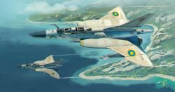  4others absurdres aim-9_sidewinder air-to-air_missile aircraft airplane beach canopy_(aircraft) clouds cockpit contrail day english_commentary fighter_jet flying helmet highres military military_vehicle missile multiple_others ocean original outdoors pilot pilot_helmet pvtskwerl rock roundel sand scenery shore signature tree vehicle_focus water 