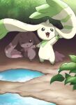  bush digimon digimon_(creature) highres holding_hands leaf lopmon no_humans one_eye_closed open_mouth outdoors paruko_(baalbeel11) pointing puddle terriermon water_drop 