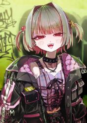  1girl :d absurdres arm_belt atari_(eurf8445) belt belt_buckle black_belt black_collar black_jacket blunt_bangs blurry blurry_background blush buckle caution chain chain_necklace clothes_writing collar collarbone colored_inner_hair crop_top cross-laced_clothes cross-laced_top ear_cuffs fangs graffiti grey_hair hair_bobbles hair_intakes hair_ornament half-closed_eyes highres jacket jewelry looking_at_viewer loose_belt makaino_ririmu makaino_ririmu_(6th_costume) midriff multicolored_hair multiple_belts navel necklace nijisanji no_headwear open_clothes open_jacket pendant pink_belt pink_hair pink_jacket pink_skirt pink_streaks plaid_clothes plaid_skirt pleated_skirt pointy_ears red_eyes short_hair skirt smile solo spiked_collar spikes standing star_(symbol) star_hair_ornament streaked_hair studded_belt tongue tongue_out two-sided_fabric two-sided_jacket two-tone_hair two_side_up unbuttoned unzipped upper_body v-shaped_eyebrows virtual_youtuber wolf_cut 