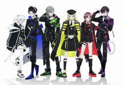  3boys 3girls :d aqua_eyes aqua_pantyhose aqua_ribbon arm_at_side armband badge belt belt_boots belt_buckle belt_pouch beret black_belt black_boots black_cape black_choker black_coat black_dress black_gloves black_hair black_hat black_jacket black_necktie black_pants black_ribbon black_shoes black_shorts black_socks blonde_hair blue_armband blue_belt blue_cape blue_shoes boots brown_eyes buckle button_badge buttons cable cape choker coat coat_dress coat_on_shoulders collared_coat collared_shirt colored_lapels colored_shoe_soles cross-laced_clothes cross-laced_dress crossed_bangs cyber_troupe double-breasted dress earrings expressionless fang fanny_pack finger_gun finger_gun_to_head full_body gloves gradient_legwear gradient_pantyhose green_armband green_jacket green_shoes grey_eyes grey_hair hair_between_eyes hair_intakes half_gloves hand_in_pocket hand_on_own_hip hand_on_own_neck hand_up hat headphones headphones_around_neck highres holding holding_microphone hood hood_down hooded_jacket jacket jewelry jitome kaguya13_ils knee_boots lapels legs_apart legwear_garter light_smile lineup long_hair long_sleeves looking_at_viewer medium_hair microphone military_hat mullet multicolored_jacket multicolored_shoes multiple_boys multiple_girls neck_ribbon necktie official_art one_side_up open_clothes open_collar open_jacket outstretched_arm own_hands_together pants pantyhose parted_bangs parted_lips peaked_cap pinching_sleeves platform_boots pouch purple_armband purple_belt purple_hair red_armband red_coat red_hair reflective_floor ribbon sam_browne_belt sample_watermark shirt shoes short_bangs short_hair short_shorts shorts sideways_glance simple_background single_earring skirt sleeves_past_fingers sleeves_past_wrists smile socks standing standing_on_one_leg straight_hair sweater_guard swept_bangs tareme teardrop_facial_mark thigh_strap tilted_headwear two-sided_coat two-sided_fabric two-tone_jacket two-tone_shoes umbrella_earrings utaite v-shaped_eyebrows v_arms vintage_microphone violet_eyes walkie-talkie watermark white_background white_gloves white_hair white_pantyhose white_ribbon white_shirt white_shoes white_skirt yellow_belt yellow_coat yellow_shoes 