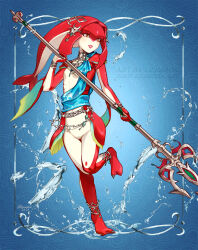 1girl blue_background border colored_skin fins fish_girl hair_ornament highres holding holding_polearm holding_weapon jewelry lilimoon_draws long_hair looking_at_viewer mipha monster_girl multicolored_skin no_eyebrows open_mouth outside_border pointy_ears polearm red_hair red_skin smile solo spear the_legend_of_zelda the_legend_of_zelda:_breath_of_the_wild water weapon white_border yellow_eyes zora 