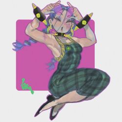  1girl :o adjusting_eyewear armpits arms_up bracelet braid breasts closed_eyes collar dress earrings eyewear_on_head full_body green_dress highres jewelry keziedra knees_up lightning_bolt_earrings lightning_bolt_symbol long_hair low_twintails multiple_scars open_mouth original outline pale_skin pink-tinted_eyewear purple_outline round_eyewear scar scar_on_arm scar_on_face sleeveless sleeveless_dress solo spiked_bracelet spiked_collar spikes sunglasses tapioca_(keziedra) tinted_eyewear twin_braids twintails 