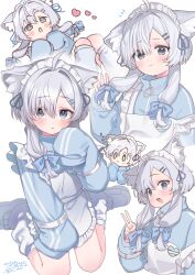  1girl :3 absurdres animal_ear_fluff animal_ears apron blue_bow blue_track_suit blush bow cat_ears cat_girl character_request closed_mouth commentary_request copyright_request frilled_apron frills grey_eyes grey_ribbon hair_bow hair_ornament hair_ribbon hairclip ham3c hand_up hands_up heart highres jacket jersey_maid kneeling knees leg_warmers long_sidelocks looking_at_viewer lying maid maid_apron maid_headdress multiple_views on_back open_mouth parallel_hairclips parted_lips paw_pose ribbon shoes short_hair shy sidelocks signature sleeves_past_fingers sleeves_past_wrists solo tenshi_kaiwai track_jacket track_suit turtleneck turtleneck_jacket unconventional_maid v white_apron white_leg_warmers white_shoes wide_sleeves 