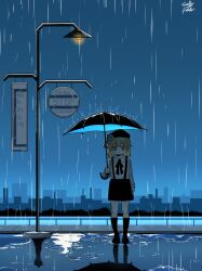  1girl absurdres arm_at_side bags_under_eyes beret black_hat black_skirt black_socks collared_shirt flower full_body hat hatoba_tsugu highres holding holding_umbrella lamppost long_sleeves looking_down outdoors rain reflection reflective_water rose sally_v_frank shirt shirt_tucked_in signature skirt sky socks solo standing suspender_skirt suspenders tsugu_(vtuber) umbrella virtual_youtuber water 