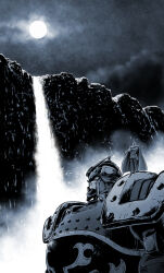  1boy armor blue_theme cape chinese_clothes cliff clouds commentary_request crossed_arms facial_hair fog full_body full_moon g_gundam glowing gundam highres kowloon_gundam looking_up master_asia mecha mobile_suit monochrome moon mustache night night_sky outdoors partial_commentary rivets robot saboten7 sash science_fiction size_difference sky solo spiked_helmet standing standing_on_shoulder turban v-fin water waterfall 