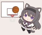  1girl akemi_homura animal_ears ball basketball basketball_hoop black_hair black_pantyhose blush cat_ears cat_girl cat_tail chibi hairband long_hair long_sleeves mahou_shoujo_madoka_magica pantyhose parted_lips solo tail violet_eyes yuno385 