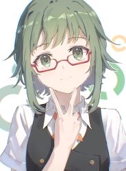  1girl black_vest buttons choppy_bangs closed_mouth collared_dress commentary double-breasted dress glasses green_eyes green_hair gumi highres kafuuchino_(chouti) light_blush looking_at_viewer neckerchief red-framed_eyewear red_neckerchief semi-rimless_eyewear shirt shiryoku_kensa_(vocaloid) short_hair short_sleeves sidelocks simple_background smile solo straight-on upper_body v vest vocaloid white_background white_shirt 