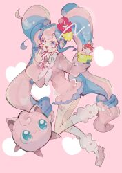  1girl :d blue_eyes blue_hair blue_skirt collared_sweater earrings fairy_miku_(project_voltage) flower full_body hair_flower hair_ornament hatsune_miku highres holding holding_poke_ball jewelry jigglypuff leg_warmers long_hair long_sleeves looking_at_another looking_at_viewer multicolored_hair neckerchief open_mouth pink_background pink_hair pink_nails pink_shoes pink_sweater poke_ball pokemon pokemon_(creature) project_voltage red_flower scrunchie shoes simple_background skirt smile standing sticker_on_leg sweater twintails two-tone_hair uraura8yama v vocaloid white_leg_warmers white_neckerchief wrist_scrunchie yellow_flower yellow_scrunchie 