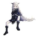  1girl absurdres animal_ears arknights black_gloves blue_eyes boots evil_grin evil_smile gloves grin highres kotowaza lappland_(arknights) long_hair scar scar_across_eye sitting skull smile tail white_background white_hair wolf_ears wolf_girl wolf_tail 