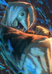  1boy black_jacket chainsaw_man hood hood_up hooded_jacket jacket kouchanthree male_focus motion_blur plague_doctor_mask punching solo violence_fiend_(chainsaw_man) 