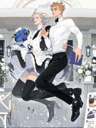  19_tian 2boys apron black_bow black_bowtie black_pants blue_male_swimwear bouquet bow bowtie collared_shirt commentary_request crossdressing crossdressing_(mtf) frilled_apron frills grey_hair hand_on_another&#039;s_waist high_heels holding holding_bouquet jian_yi long_sleeves maid maid_apron maid_headdress male_focus male_maid male_swimwear male_underwear male_underwear_peek multiple_boys old_xian orange_hair pants shirt short_hair star_(symbol) star_print thigh-highs underwear white_apron white_shirt zhan_zheng_xi 