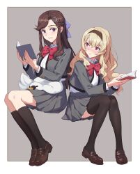  2girls black_hairband black_socks black_thighhighs blonde_hair blush book border bow bowtie brown_hair brown_shoes closed_mouth collared_shirt full_body grey_background grey_jacket grey_skirt hair_between_eyes hair_bow hair_ornament hairband half_updo hands_up highres holding holding_book invisible_chair jacket kneehighs knees_together_feet_apart legs_together loafers long_hair long_sleeves looking_at_another looking_to_the_side miniskirt multiple_girls nanaseki7 nose_blush open_book open_clothes open_jacket outside_border parted_bangs pink_eyes pleated_skirt purple_bow red_bow red_bowtie saijou_claudine school_uniform seishou_music_academy_uniform shirt shoes shoujo_kageki_revue_starlight sidelocks sideways_glance simple_background sitting skirt smile socks stuffed_animal stuffed_bird stuffed_toy tendou_maya thigh-highs v-shaped_eyebrows violet_eyes wavy_hair white_border white_shirt x_hair_ornament 