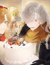  1other 2boys 6+girls avgust_(reverse:1999) birthday_cake blush cake english_text food happy_birthday highres matilda_bouanich medicine_pocket multiple_boys multiple_girls nina_(reverse:1999) nishiyos reverse:1999 scarf sonetto_(reverse:1999) vertin_(reverse:1999) vila_(reverse:1999) windsong_(reverse:1999) yellow_scarf 