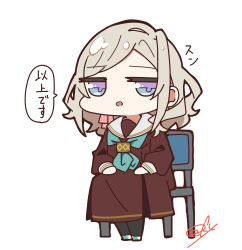  1girl :o absurdres aqua_neckerchief aqua_shoes black_pantyhose blue_eyes brown_dress ceras_yanagida_lilienfeld chair chibi chibi_only commentary_request dress full_body grey_hair hair_ribbon hands_on_lap hasu_no_sora_school_uniform highres jitome link!_like!_love_live! long_sleeves looking_at_viewer love_live! medium_dress neckerchief on_chair oofushi_ao open_mouth pantyhose parted_bangs pink_ribbon pleated_dress ribbon sailor_collar sailor_dress school_uniform shoes signature sitting solo speech_bubble translated violet_eyes virtual_youtuber wavy_hair white_sailor_collar winter_uniform 
