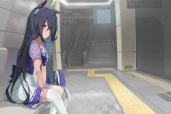  1girl analog_clock animal_ears bow bowtie clock closed_mouth colored_skin dev_grater ear_covers ear_ornament ear_tag earrings escalator eyes_visible_through_hair hair_over_one_eye hand_between_thighs highres horse_ears horse_girl horse_tail jewelry long_bangs looking_at_viewer manhattan_cafe_(umamusume) multicolored_skin on_bench pink_bow pink_bowtie pleated_skirt puffy_short_sleeves puffy_sleeves purple_shirt railing sailor_collar shirt shirt_tucked_in short_sleeves single_ear_cover single_earring sitting skirt smile solo split_mouth stairs tactile_paving tail thigh-highs tile_floor tiles two-tone_skin umamusume waist_bow white_sailor_collar white_shirt white_skirt white_thighhighs yellow_eyes 