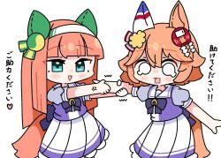  animal_ears blunt_bangs bow clover_hair_ornament daruma_doll daruma_doll_hair_ornament ear_bow ear_covers ear_flower flipped_hair four-leaf_clover_hair_ornament hair_ornament hairband hime_cut horse_ears horse_girl horse_tail horseshoe_ornament maneki-neko matikanefukukitaru_(umamusume) orange_hair orange_tail school_uniform silence_suzuka_(umamusume) single_ear_cover tail temu_(kobaeihuk) tracen_school_uniform umamusume white_hairband 