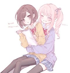  1girl 1other akiyama_mizuki black_pantyhose bow bowtie brown_hair cardigan closed_eyes collared_shirt grin holding holding_pencil holding_sketchbook hug hug_from_behind long_hair long_sleeves medium_hair mipi_(u3u_00) pantyhose pencil pink_hair pleated_skirt project_sekai shinonome_ena shirt side_ponytail sketchbook skirt smile thigh-highs translation_request yellow_cardigan 