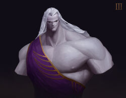  1boy absurdres artist_name artstation_logo artstation_username black_eyes closed_mouth commentary emperor&#039;s_children english_commentary fulgrim gold_trim highres instagram_logo instagram_username light_smile long_hair muscular muscular_male nipples pale_skin patreon_logo patreon_username pectorals potoq primarch purple_robe robe roman_numeral simple_background smile solo twitter_logo twitter_username warhammer_40k white_hair 