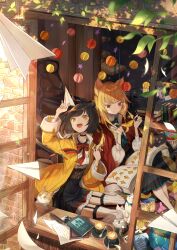  2girls absurdres animal animal_ears antenna_hair black_choker black_hair black_skirt book bow bowtie cat chair choker fang frilled_shirt frills garter_straps globe high-waist_skirt highres inkwell jacket latte_art light_particles multiple_girls nabi_(uz02) open_mouth open_window origami original paper_airplane paper_crane papers plant puffy_sleeves quill red_eyes shirt shirt_tucked_in sitting skirt thigh-highs vines window windowsill yellow_eyes yellow_jacket 