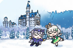  2girls alternate_costume ballet bing_huyue blush_stickers castle cecilia_immergreen cecilia_immergreen_(1st_costume) chibi closed_eyes detached_sleeves english_commentary flag forest gem gem_hair_ornament germany gradient_hair green_ribbon green_skirt grey_hair hair_flaps highres hololive hololive_english koseki_bijou long_hair multicolored_hair multiple_girls nature neuschwanstein_castle pants purple_gemstone purple_hair purple_shoes real_world_location ribbon shoes short_hair skirt snowing the_nutcracker virtual_youtuber winding_key winter 
