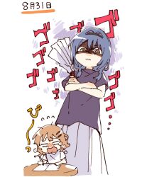  2girls blue_hair blush_stickers braid brown_eyes brown_hair closed_mouth cropped_legs crossed_arms flying_sweatdrops furutani_himawari hair_ornament hairclip hashtag-only_commentary highres homework menacing menacing_(jojo) multiple_girls namori oomuro_sakurako open_mouth parallel_hairclips pleated_skirt purple_shirt shaded_face shirt short_hair short_sleeves simple_background skirt tears translation_request twin_braids white_background white_shirt white_skirt yuruyuri 