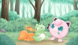  blue_eyes bright_pupils bush charmander commentary_request fire flame-tipped_tail forest grass holding holding_marker jigglypuff marker nature no_humans outdoors pokemon pokemon_(creature) pout rock ryure sleeping substitute_(pokemon) tail tree white_pupils 