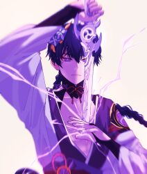  1boy abs alternate_universe arm_up armor artist_name blurry braid bridal_gauntlets closed_mouth clothing_cutout collarbone depth_of_field electricity english_commentary expressionless eyeliner flower flower_ornament genderswap genderswap_(ftm) genshin_impact glowing glowing_eyes hair_between_eyes hair_ornament highres human_scabbard japanese_armor japanese_clothes kimono long_braid long_hair long_sleeves looking_down makeup mitsudomoe_(shape) mole mole_under_eye moriko_ken11 motion_blur multicolored_eyes musou_isshin_(genshin_impact) neck_ribbon off_shoulder powering_up purple_flower purple_hair purple_kimono purple_nails raiden_shogun red_eyeliner red_ribbon red_sash ribbon sash shade shoulder_armor shoulder_cutout simple_background single_braid solo standing tomoe_(symbol) upper_body violet_eyes wide_sleeves 