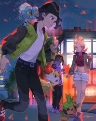  1girl 2boys absurdres belt black_hair black_hat blonde_hair blue_belt blue_eyes breasts brown_jacket building chespin closed_mouth colored_sclera crop_top cropped_shirt dark-skinned_male dark_skin fennekin fox froakie gradient_hair green_jacket hair_bun hat highres hsin jacket long_hair long_sleeves lumiose_city midriff multicolored_hair multiple_boys naveen_(pokemon) navel night night_sky on_shoulder open_clothes open_jacket open_mouth outdoors pants paxton_(pokemon) pink_hair pokemon pokemon_(creature) pokemon_legends:_z-a pokemon_on_shoulder prism_tower red_eyes red_shirt ribbed_shirt shirt shoes short_hair shorts sky smile striped_hat taunie_(pokemon) tree turtleneck white_jacket white_shirt white_shorts yellow_sclera 