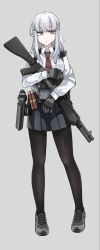  1girl black_pantyhose black_skirt breasts brown_eyes collared_shirt commentary_request desert_(deserteagle0321) desert_eagle full_body gloves grey_background grey_gloves grey_shoes gun handgun highres holding holding_gun holding_weapon holster holstered long_hair necktie original pantyhose pleated_skirt pump_action radio red_necktie shirt shoes shotgun shotgun_shell simple_background skirt sneakers solo spas-12 weapon white_hair white_shirt 