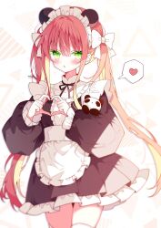  1girl apron blonde_hair blush bow commission dress green_eyes hair_bow heart heart_hands highres long_hair looking_at_viewer maid maid_apron maid_headdress multicolored_hair original red_hair skeb_commission solo spoken_heart stuffed_animal stuffed_panda stuffed_toy suisei_1121 twintails 