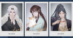  3boys alternate_costume animal aqua_jacket black_hair black_jacket black_shirt blue_border blue_eyes border brown_hair cat chinese_commentary closed_mouth collared_shirt colored_inner_hair contemporary crew_neck curtained_hair earclip earrings english_text fur-trimmed_jacket fur_trim gold_choker gold_necklace grey_background hair_between_eyes hair_ornament hairclip hand_on_own_chin high_ponytail holding holding_animal holding_cat holding_removed_eyewear hua_yi_shanxin_zhiyue jacket jacket_on_shoulders jewelry lapels lineup ling_(hua_yi_shanxin_zhiyue) long_hair long_sleeves looking_at_viewer lotus_print male_focus multicolored_hair multiple_boys multiple_rings necklace open_clothes open_collar open_jacket orange-tinted_eyewear orange_eyes parted_bangs parted_lips peaked_lapels phoenix_print polaroid_photo ponytail ribbon_earrings ring shirt smile sunglasses the_prince_(hua_yi_shanxin_zhiyue) tinted_eyewear uka_(azraeluka) unworn_eyewear upper_body white_border white_jacket yellow_eyes yellow_shirt yun_wuji 
