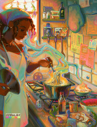  apron artist_name bandana braided_dreadlocks cabinet cooking cooking_pot counter curly_hair cutting_board dark-skinned_female dark_skin food fork geneva_bowers highres holding holding_fork holding_ladle indoors instant_ramen kitchen ladle light-skinned_palms maruchan_(brand) mixing_bowl muted_color noodles off-shoulder_shirt off_shoulder original product_placement ramen recipe_(object) sepia shirt slice_of_life standing stove watermark whisk white_apron 